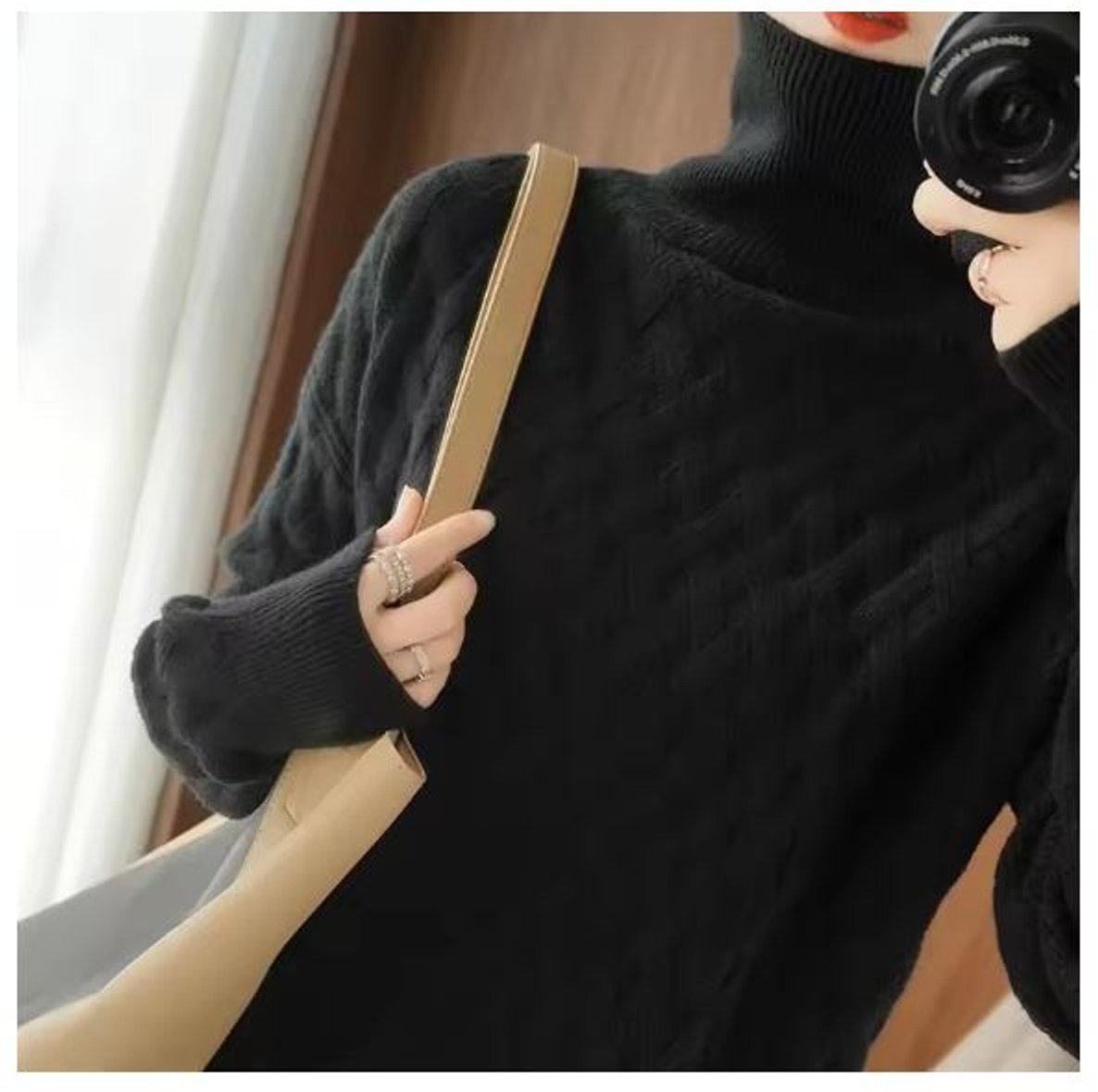 Strickpullover Damen Rollkragen Zopfmuster Kashmirweicher Oversized Pullover - Schwarz