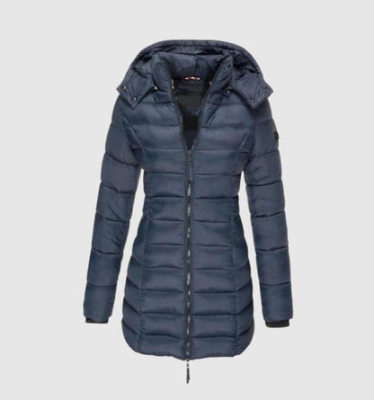 Winterjacke Damen Langer Gesteppter Mantel mit Kapuze - Blau