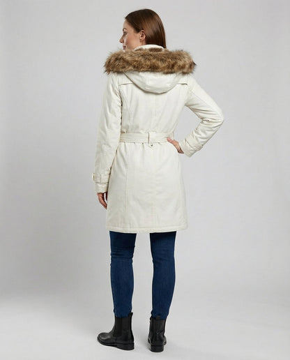 Wintermantel Damen Langer Gefütterter Parka mit Kunstfell-Kapuze