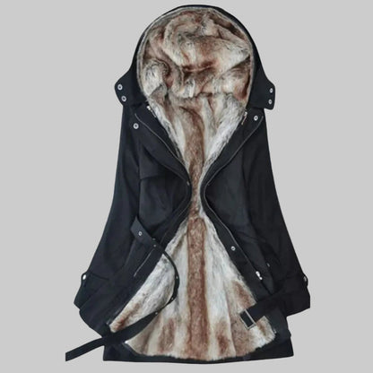 Wintermantel Damen Langer Gefütterter Parka mit Kunstfell-Kapuze - Schwarz